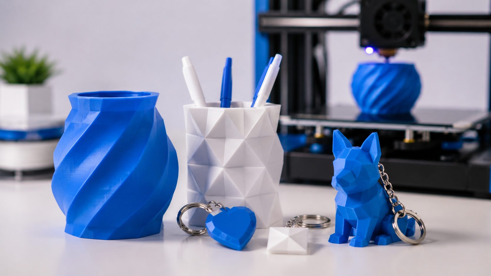Peças impressas em 3D: vaso, porta-canetas, chaveiros e uma impressora 3D ao fundo